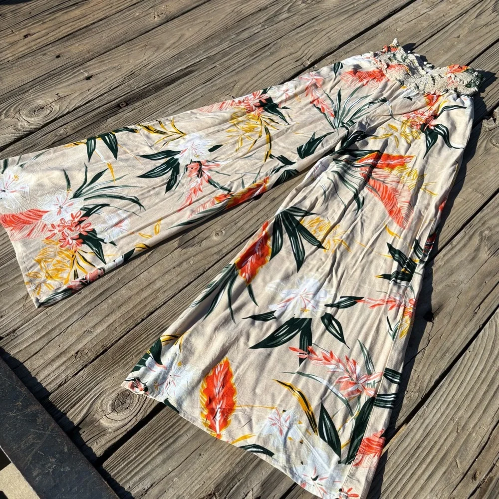 Patrons of Peace Wide Leg Tropical Floral Pants in Cream, Green, Orange - Picture 3 of 5